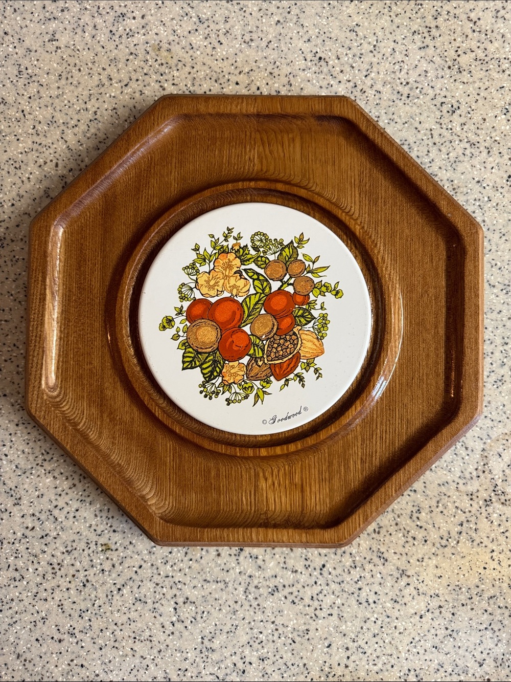 Vintage 70s Goodwood Teak Octagonal Wooden Tray with Spice of Life Tile Center